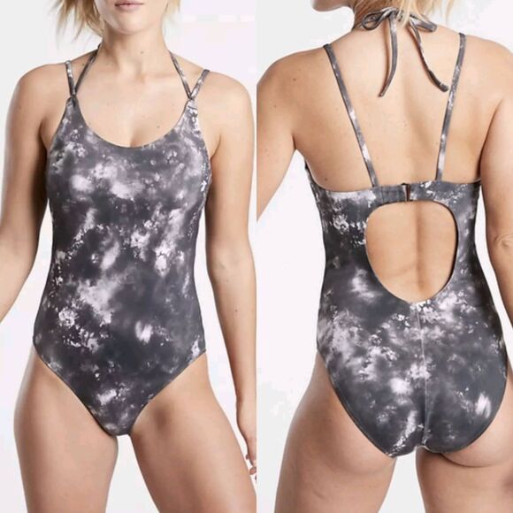 Athleta Supernova‎ Keyhole One Piece Swimsuit Black Gray Tie Dye XL  566796 UPF+ - Picture 8 of 10